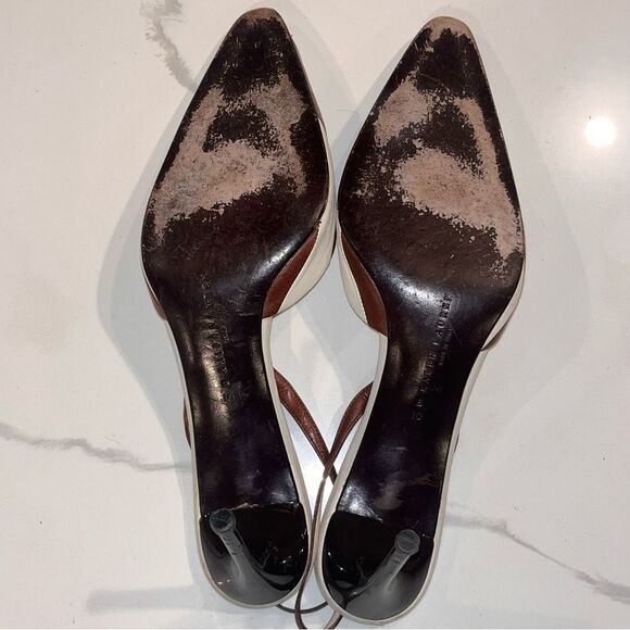 Vintage Ralph Lauren RARE Stripe Brown & White Leather Oxford Slingback Pumps - Picture 10 of 12